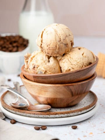 Espresso gelato in a wooden bowl.
