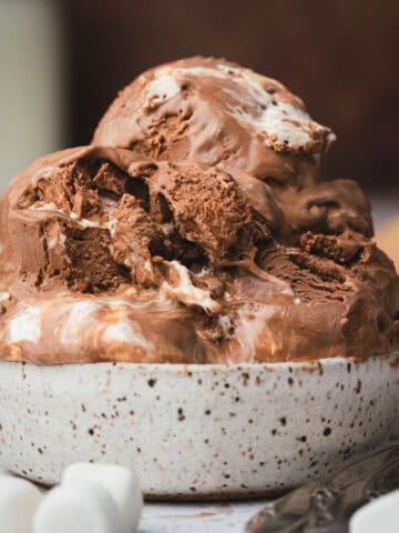 Chocolate ice cream with marshmallow in a bowl with spoons.