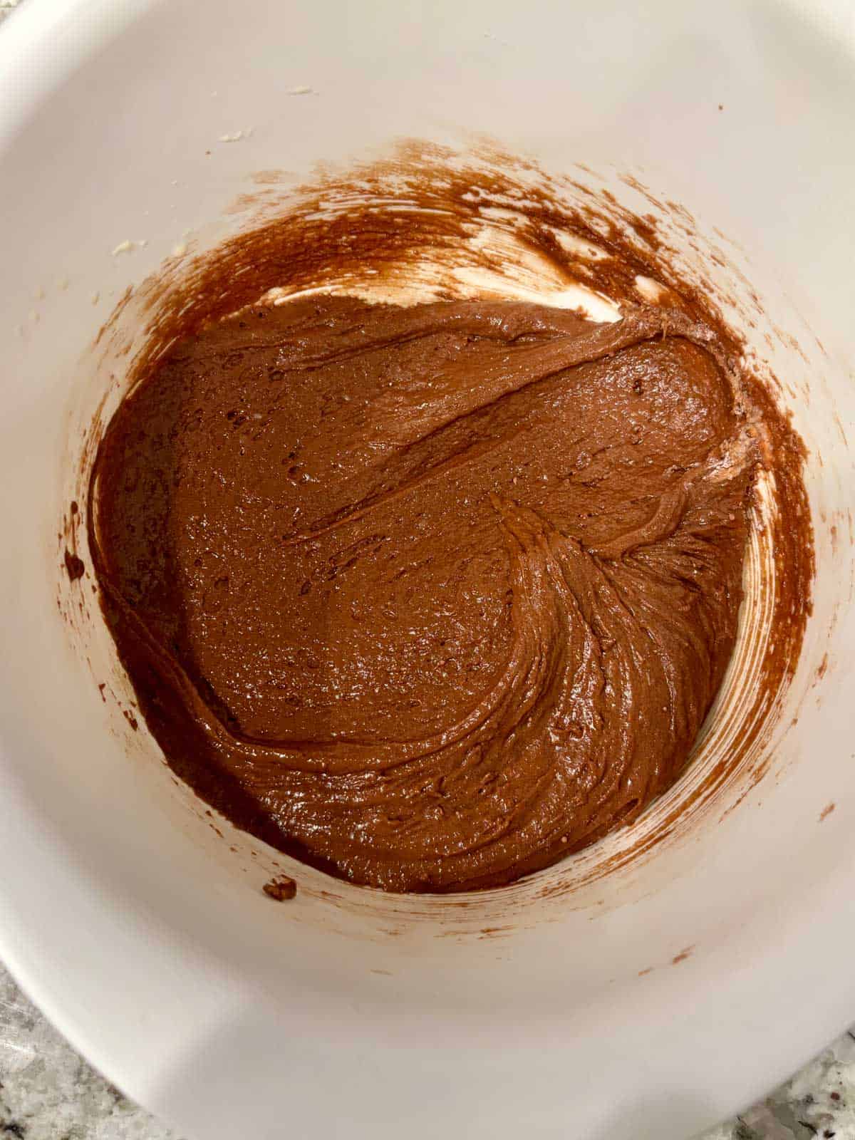 Chocolate cake batter before the hot coffee is added to the other ingredients.