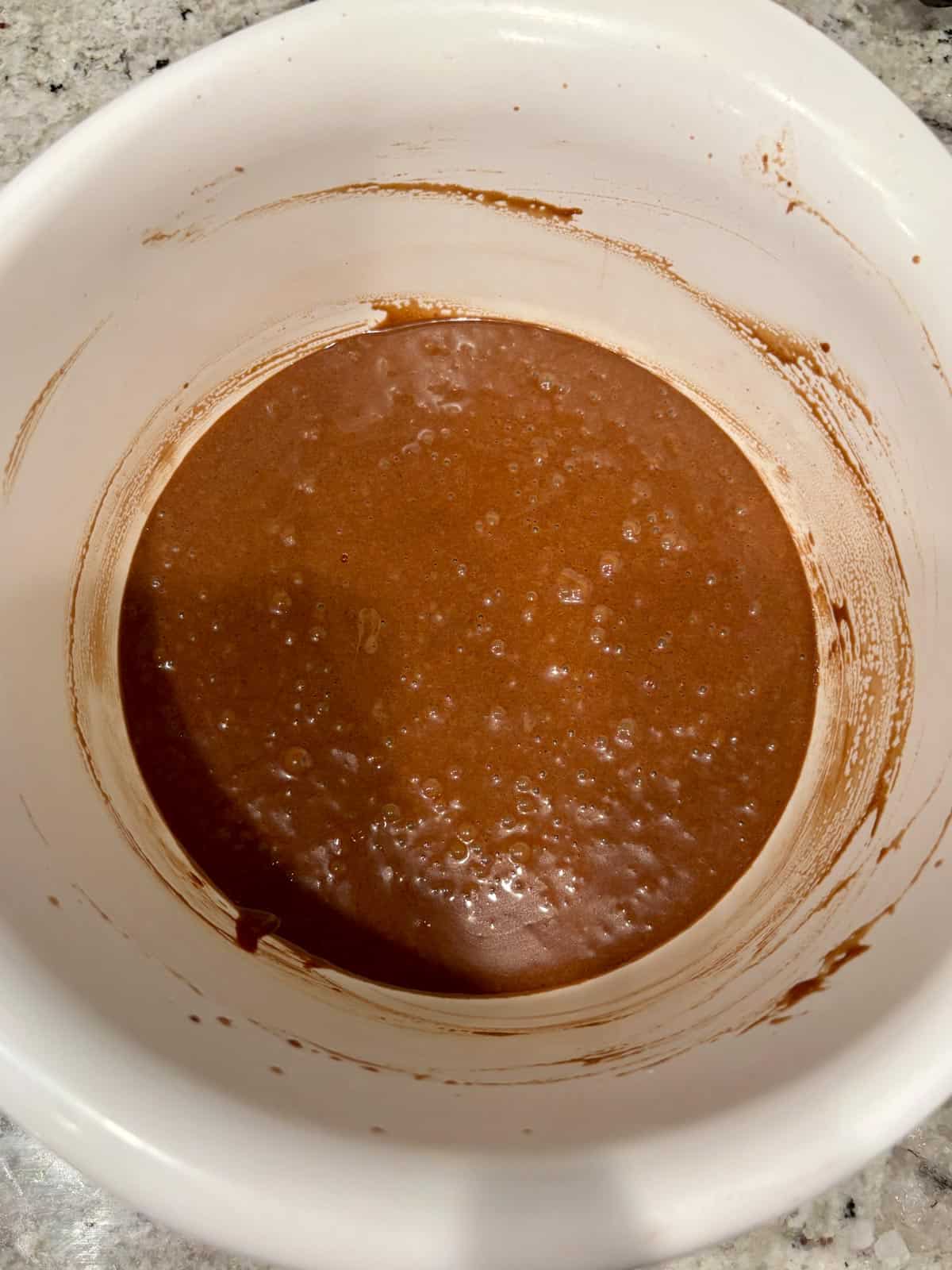 Chocolate cake batter after the hot coffee has been added.